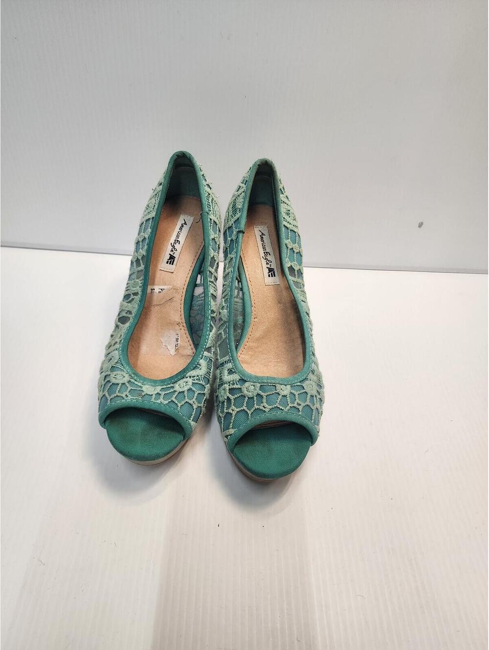 Size 7.5 Y2k American Eagle Women's Turquoise Lace Wedge Peep Toe Shoes